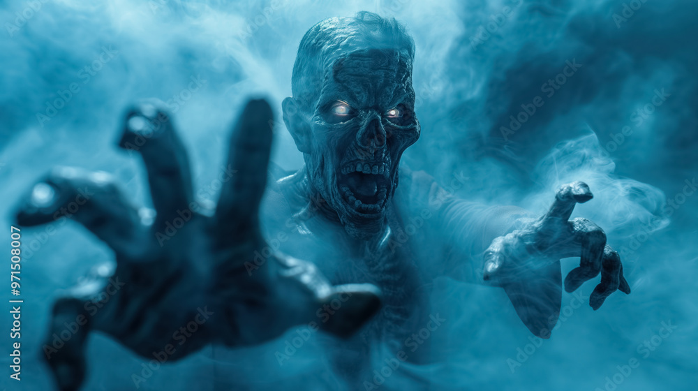 Terrifying zombie-like creature emerges from a fog, reaching out with glowing eyes and outstretched hands, creating an eerie and intense atmosphere. Terrifying zombie-like creature emerges from a fog, reaching out with glowing eyes and outstretched hands, creating an eerie and intense atmosphere.