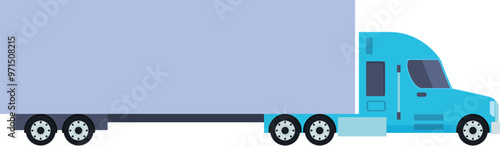 Blue semi trailer truck transporting cargo is depicted in a side view