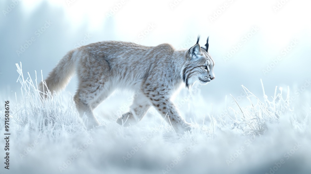 Obraz premium A Lynx Walking Through Frost-Covered Grass