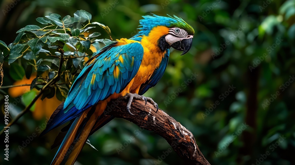 Obraz premium A blue-and-yellow parrot perches on a tree branch amidst a lush, green forest filled with leafy trees