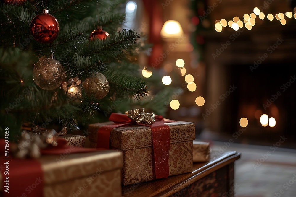 Christmas gifts waiting under a decorated christmas tree with fireplace in background Christmas gifts waiting under a decorated christmas tree with fireplace in background