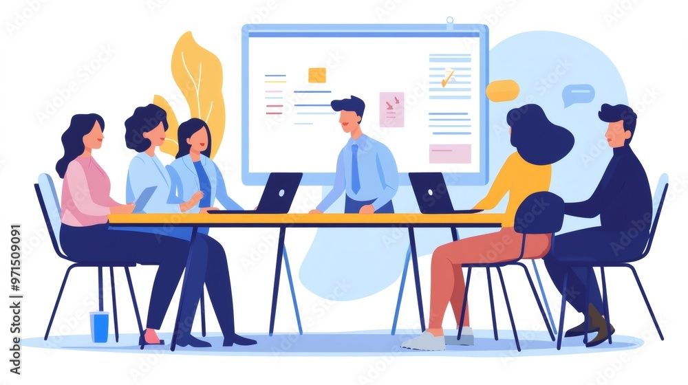 A group of people in a meeting, discussing a presentation on a large monitor. A group of people in a meeting, discussing a presentation on a large monitor.