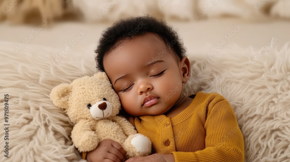 A newborn baby peacefully sleeps in an amber sweater, holding a small teddy bear against a soft, beige backdrop that creates gentle lighting effects A newborn baby peacefully sleeps in an amber sweater, holding a small teddy bear against a soft, beige backdrop that creates gentle lighting effects