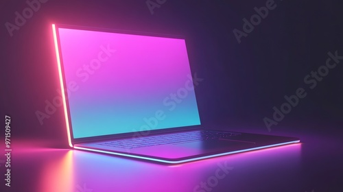 A laptop with a blank screen glowing with pink and blue neon lights.