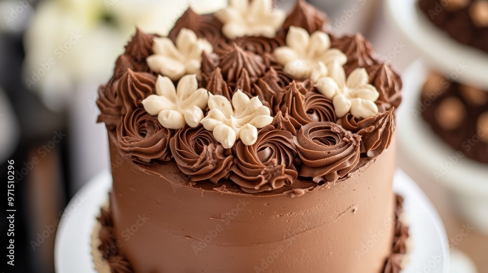 Close-up of a Chocolate Cake Decorated with Swirls and White Flowers Close-up of a Chocolate Cake Decorated with Swirls and White Flowers