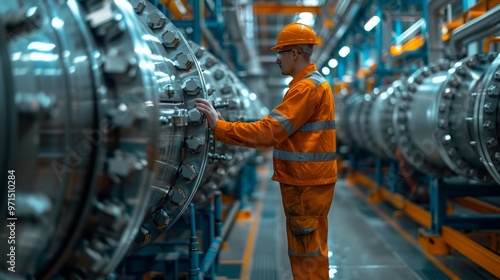 Engineer in industrial factory Inspecting machinery