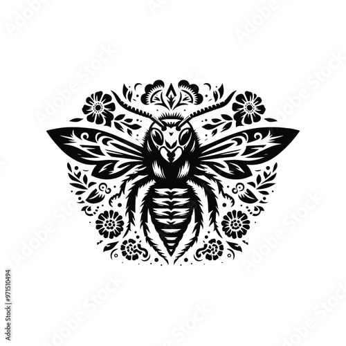 hornet in folk art black and white silhouette illustration