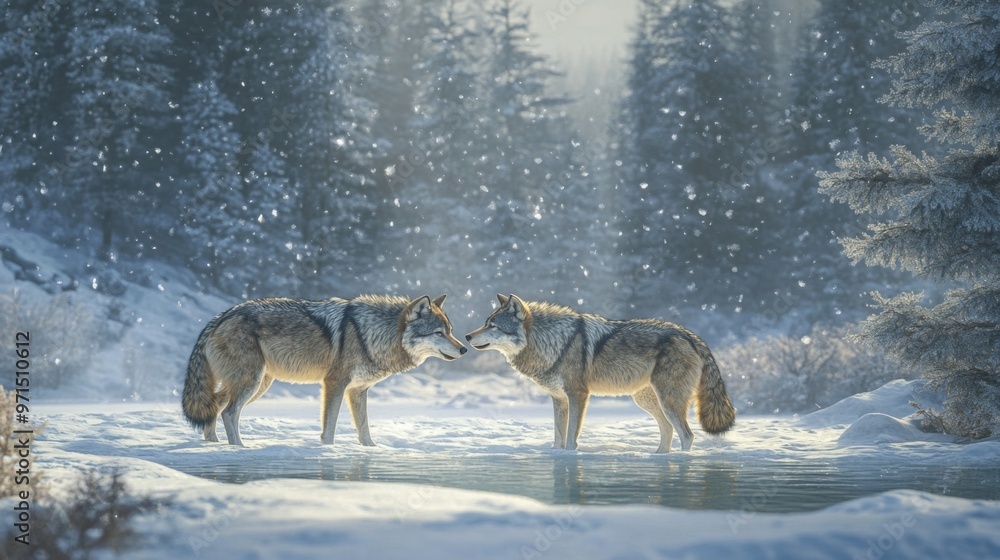 Fototapeta premium Two Wolves Facing Each Other in a Snowy Forest