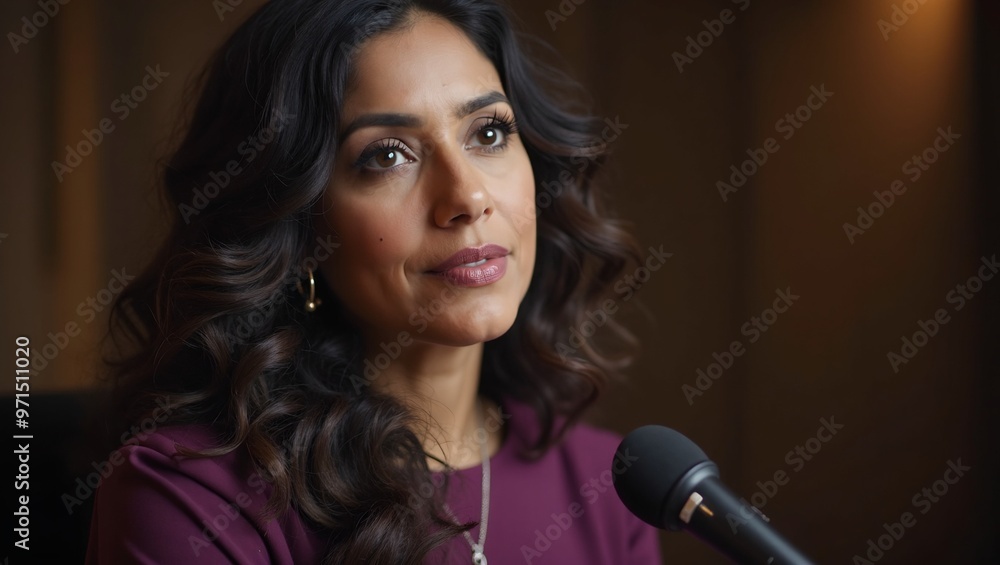 Portrait of a thoughtful MiddleEastern woman speaking into a microphone in rich purple attire Portrait of a thoughtful MiddleEastern woman speaking into a microphone in rich purple attire