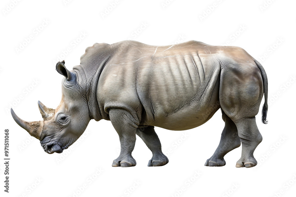 Unique rhinoceros with a striking profile and intricate skin patterns isolated on transparent background Unique rhinoceros with a striking profile and intricate skin patterns isolated on transparent background