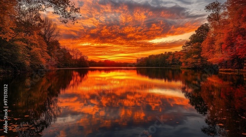 A beautiful sunset over a lake with trees in the background. The sky is orange and the water is calm.