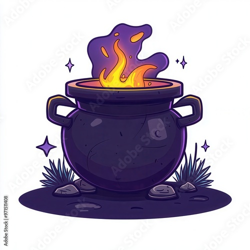 A magical cauldron, fantasy object, cartoon style, dark purple, isolated on white background photo