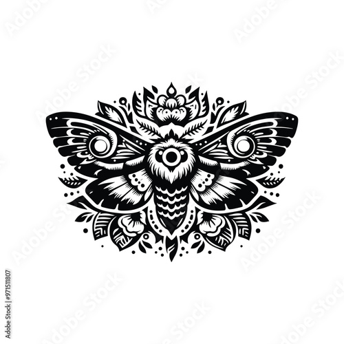 Moth in folk art black and white silhouette illustration