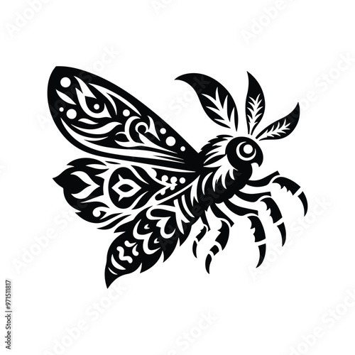 Moth in folk art black and white silhouette illustration