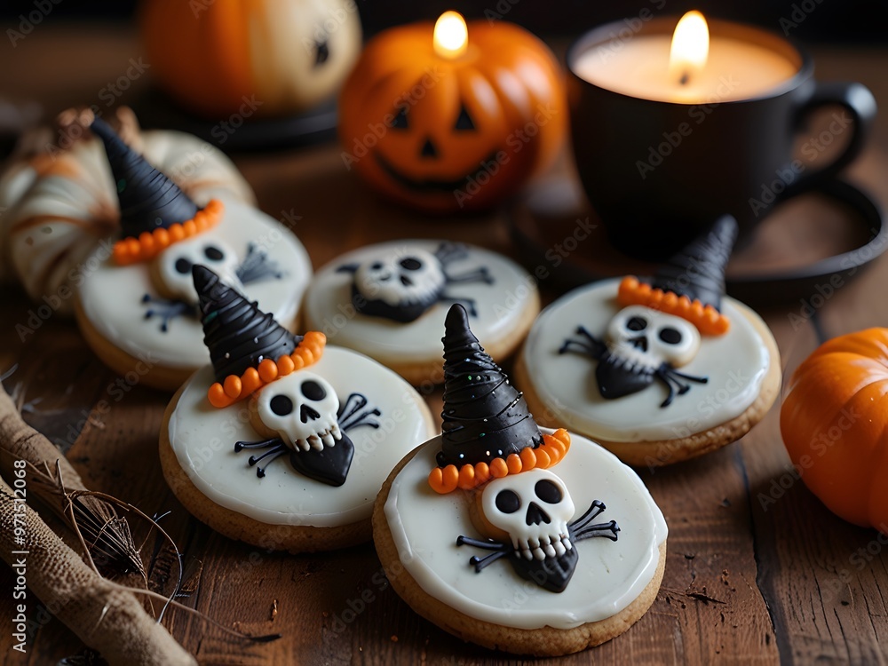 Halloween Skull Cookies with Witch Hats and Pumpkins Halloween Skull Cookies with Witch Hats and Pumpkins