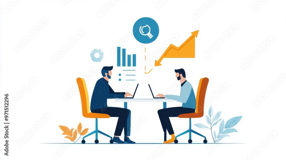A group of business professionals in a startup office is sitting around a table, each with a laptop, discussing project goals and timelines., flat design illustration A group of business professionals in a startup office is sitting around a table, each with a laptop, discussing project goals and timelines., flat design illustration