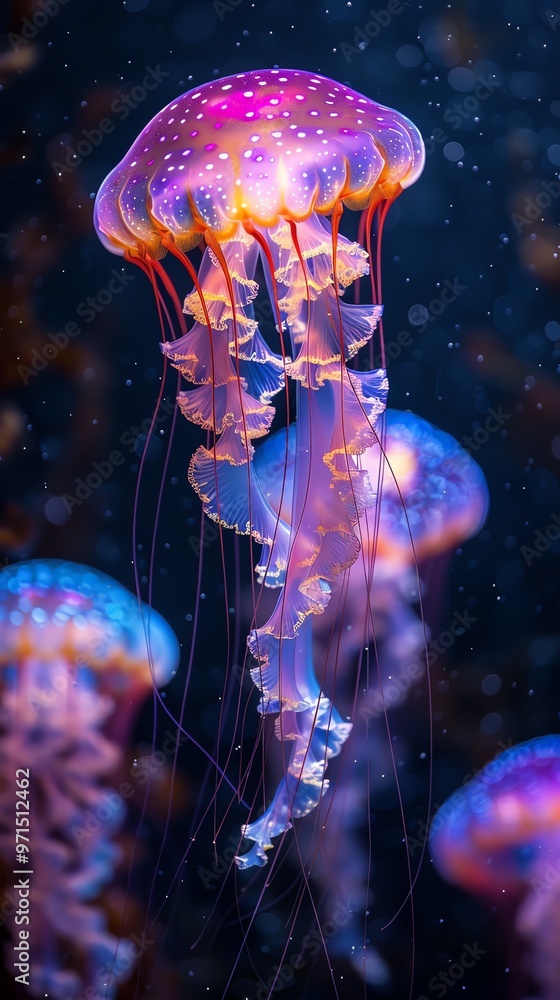 Underwater scene with bioluminescent jellyfish, their tentacles glowing in vibrant colors, serene ocean depths Underwater scene with bioluminescent jellyfish, their tentacles glowing in vibrant colors, serene ocean depths