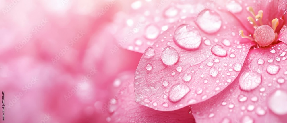 Close-up of a pink flower with dewdrops on petals and in its center Close-up of a pink flower with dewdrops on petals and in its center