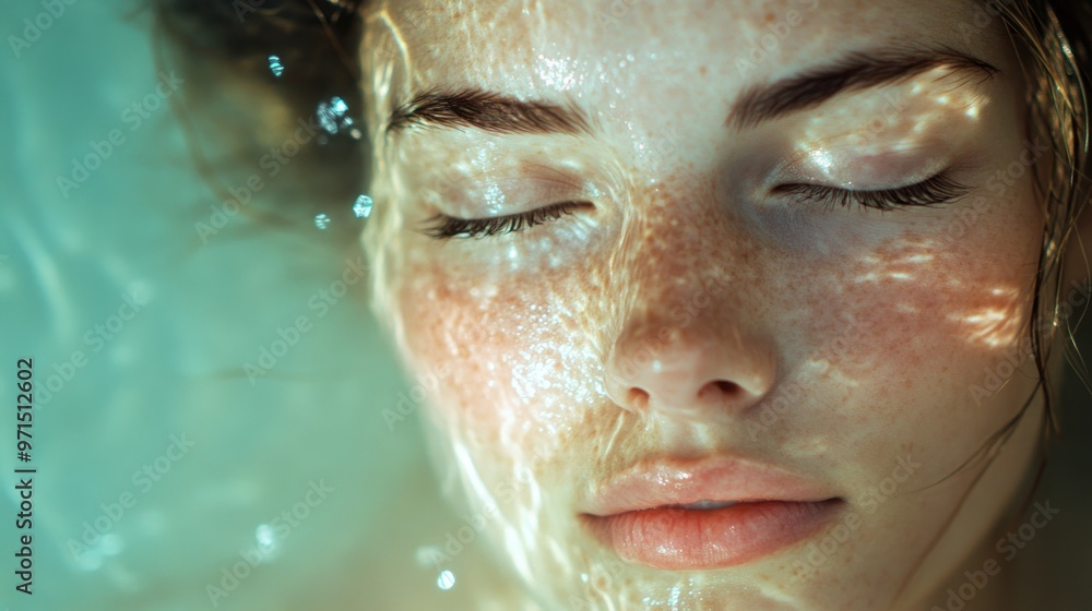 Close-up of a Woman's Face Submerged in Water with Sunlight Reflecting Off the Surface Close-up of a Woman's Face Submerged in Water with Sunlight Reflecting Off the Surface