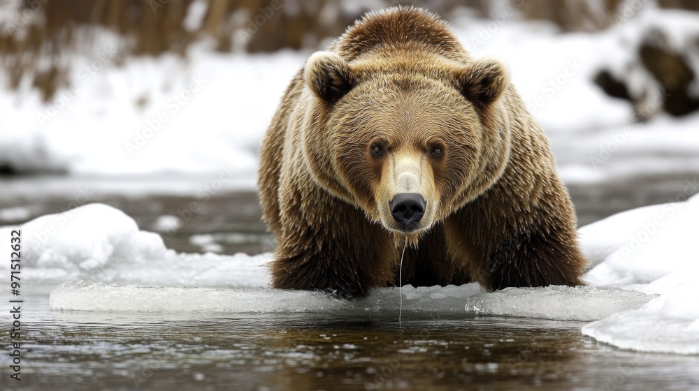 A Brown Bear Stands on Ice in a River A Brown Bear Stands on Ice in a River