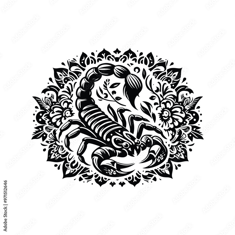 scorpion in folk art black and white silhouette illustration scorpion in folk art black and white silhouette illustration