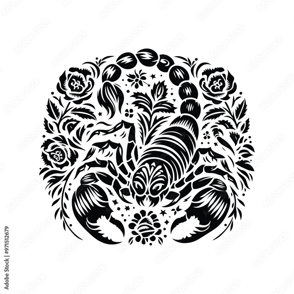 scorpion in folk art black and white silhouette illustration scorpion in folk art black and white silhouette illustration