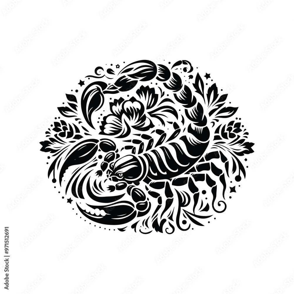 scorpion in folk art black and white silhouette illustration scorpion in folk art black and white silhouette illustration