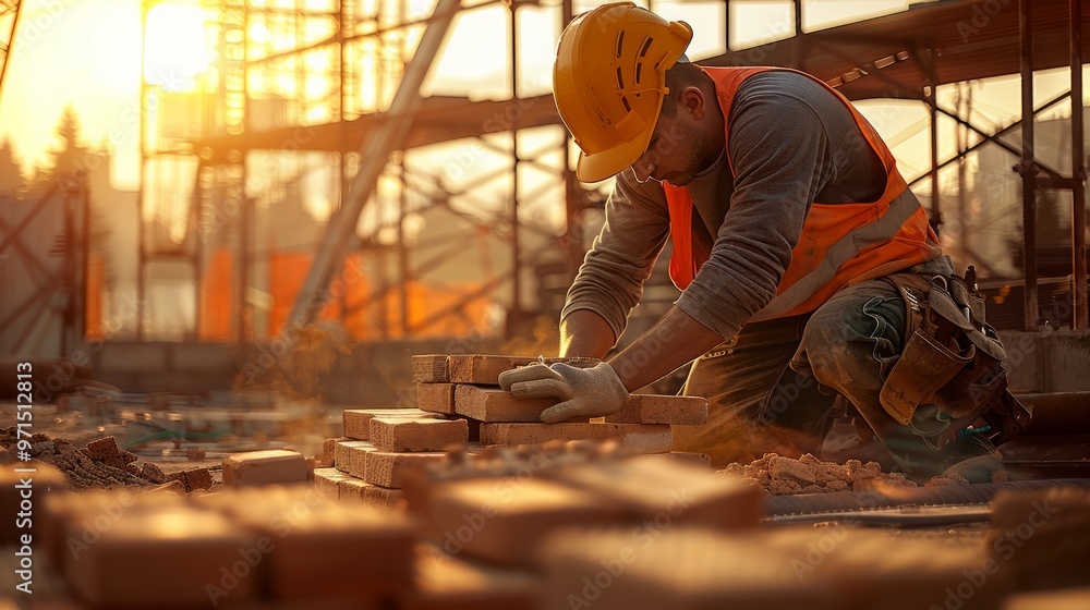 Fototapeta premium Carpenter laying bricks on a sunny day Accurately align bricks with scaffolding behind it Natural light creates a warm working atmosphere.