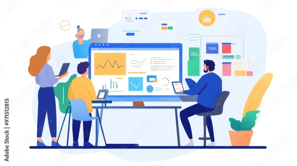A team of three people are working together on a computer with data and graphs, analyzing data. A team of three people are working together on a computer with data and graphs, analyzing data.