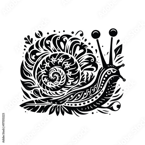 snail in folk art black and white silhouette illustration