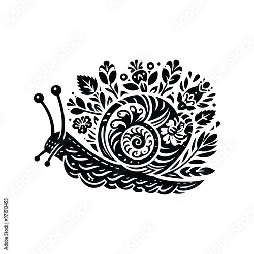 snail in folk art black and white silhouette illustration