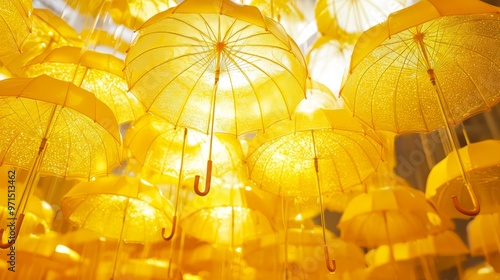  A room filled with yellow umbrellas suspended from the ceiling photo