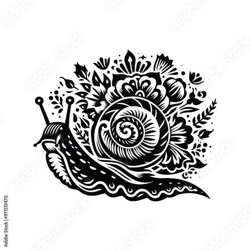 snail in folk art black and white silhouette illustration