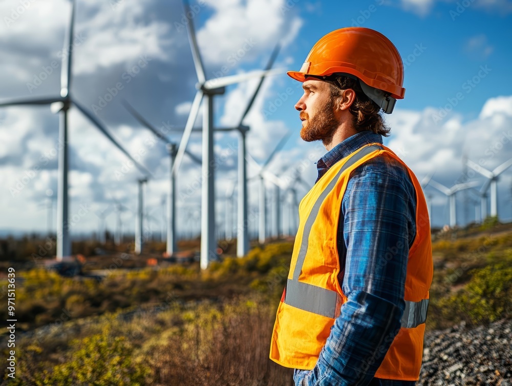 Engineer in a bright vest standing tall before wind turbines, vibrant sky, renewable technology success with realistic photo and captured with Canon EOS 5D Mark IV, 125mm lens Engineer in a bright vest standing tall before wind turbines, vibrant sky, renewable technology success with realistic photo and captured with Canon EOS 5D Mark IV, 125mm lens