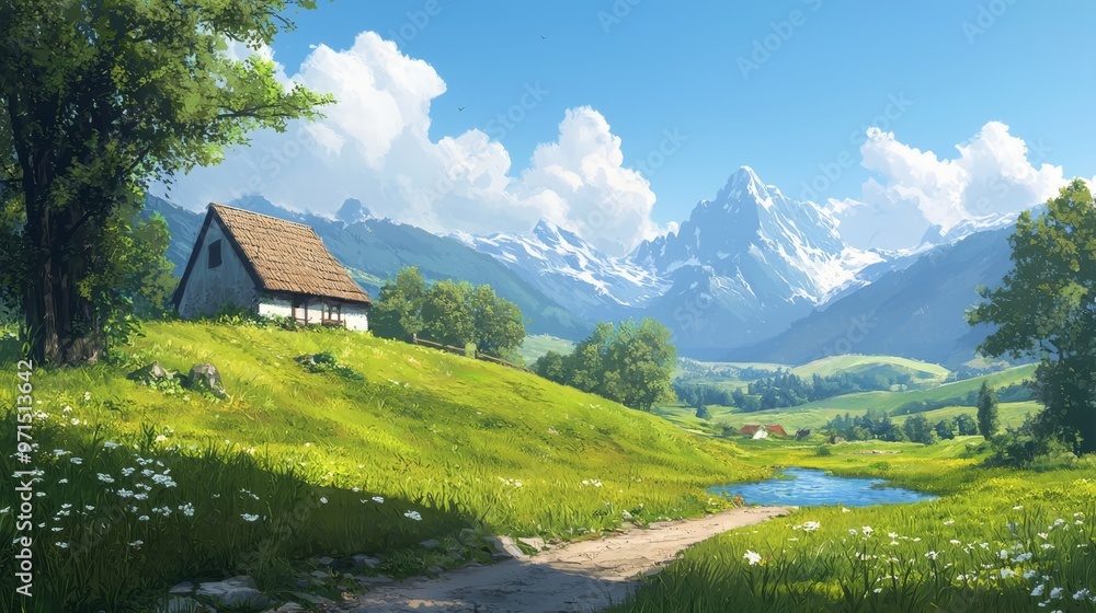 Fototapeta premium A house painting on a grassy hill with a stream in the foreground and mountains as the backdrop