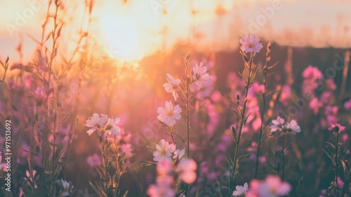  A field filled with flowers, sun setting amidst them