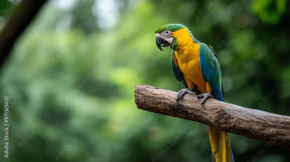 A vibrant parrot sits atop a wooden branch against a backdrop of a verdant, leafy forest A vibrant parrot sits atop a wooden branch against a backdrop of a verdant, leafy forest
