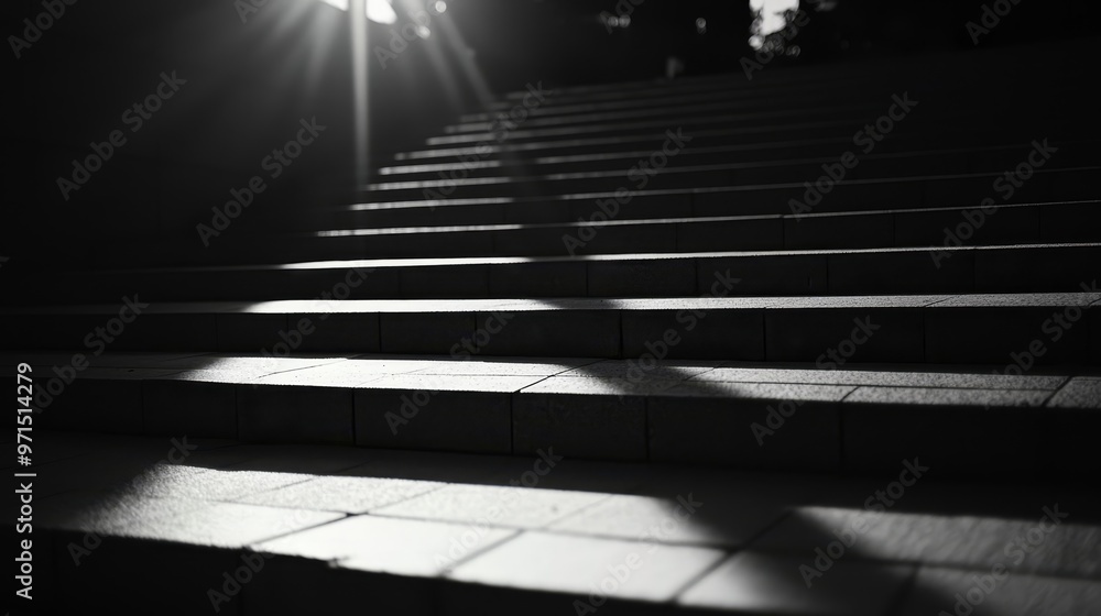 A black-and-white image of staircase steps bathed in sunlight, sunbeams piercing shadows cast by ascending treads A black-and-white image of staircase steps bathed in sunlight, sunbeams piercing shadows cast by ascending treads
