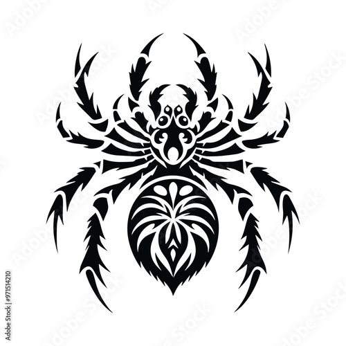 Spider in folk art black and white silhouette illustration