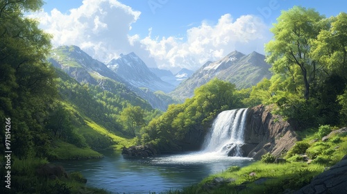  A waterfall painted in a forest's heart, mountain range backdrop, cloud-studded sky
