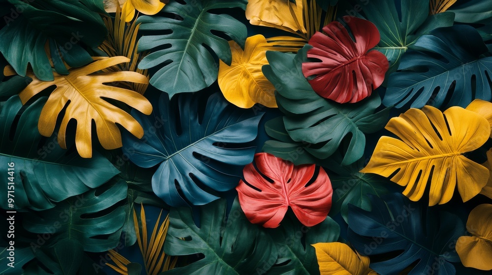 Vibrant jungle leaves and abstract patterns, capturing the lively energy of summer in a colorful and modern design Vibrant jungle leaves and abstract patterns, capturing the lively energy of summer in a colorful and modern design