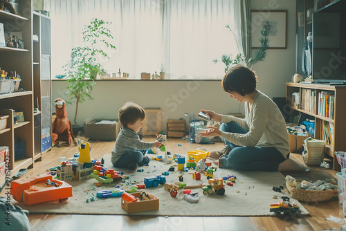 Parent and Child Bonding Amidst Mess: A parent and child playing together in a slightly messy living room, showing that connection matters more than a perfect environment. photo