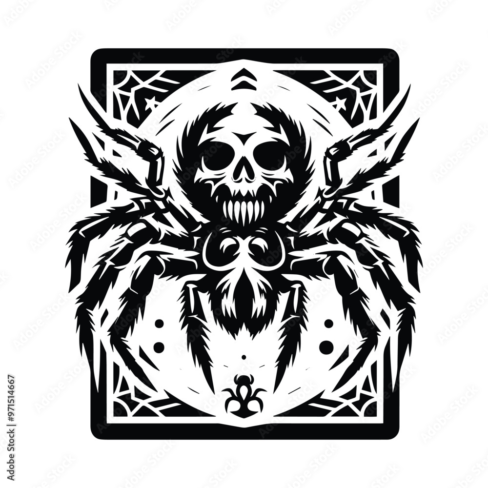 Fototapeta premium Spider in Tarot card black and white silhouette illustration