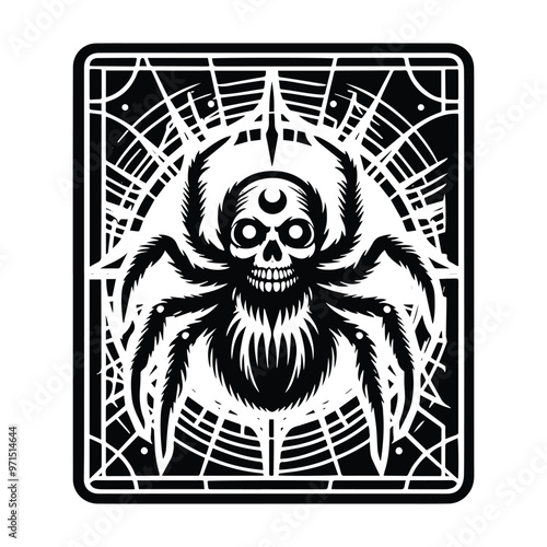 Spider in Tarot card black and white silhouette illustration