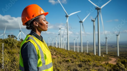 Engineer in safety vest, wind turbines in the background, vivid blue sky, clean energy solutions with realistic photo and captured with Canon EOS 5D Mark IV, 125mm lens