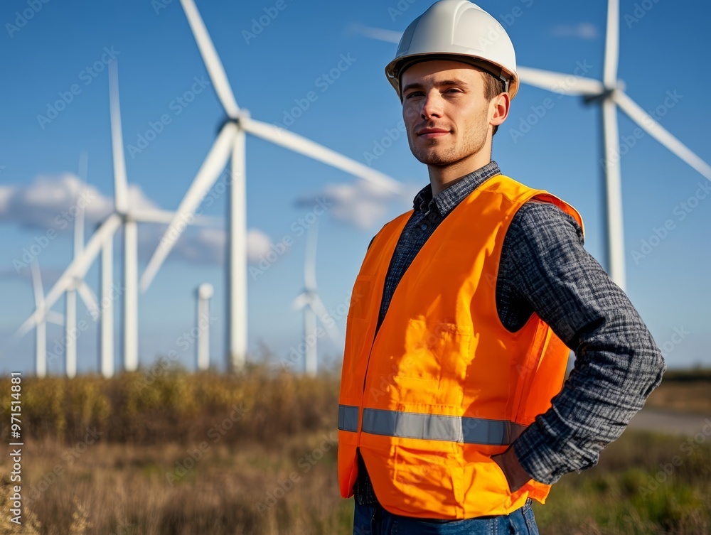 Engineer standing tall in front of wind turbines, bright reflective vest, vivid sky, renewable energy future with realistic photo and captured with Canon EOS 5D Mark IV, 125mm lens Engineer standing tall in front of wind turbines, bright reflective vest, vivid sky, renewable energy future with realistic photo and captured with Canon EOS 5D Mark IV, 125mm lens