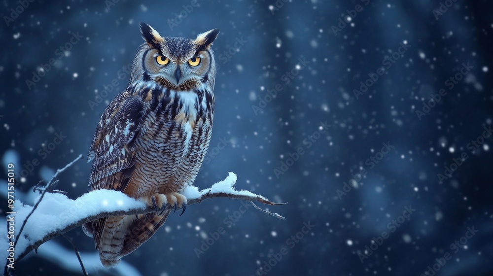 Great Horned Owl Perched on a Snowy Branch in a Winter Forest Great Horned Owl Perched on a Snowy Branch in a Winter Forest