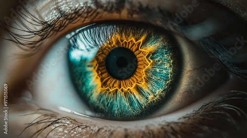  A tight shot of an eye, displaying a yellow and blue iris at its core