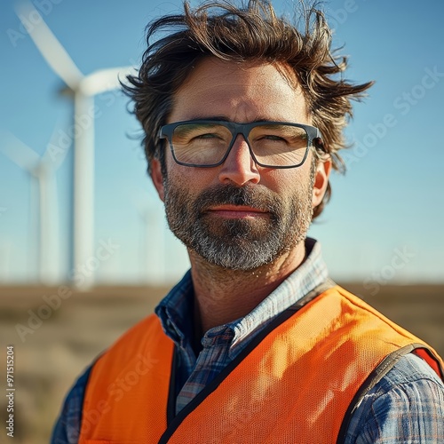 Engineer with wind turbines in the background, bright vest and blue sky, clean energy industry with realistic photo and captured with Canon EOS 5D Mark IV, 125mm lens photo