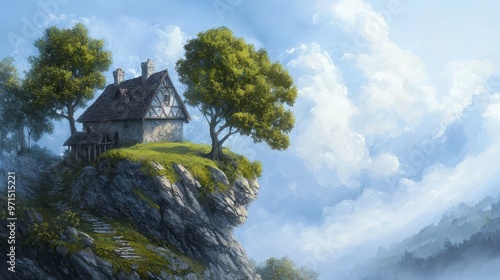 Wallpaper Mural  A house atop a hill painted with a tree crowning its peak, stairs ascending Torontodigital.ca